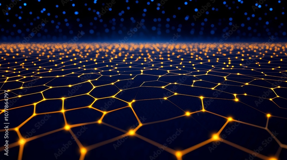 Obraz premium Abstract glowing hexagonal network pattern on dark background.