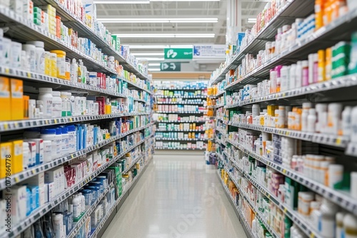 A brightly lit pharmacy aisle filled with various vitamins, supplements, and pain relief drugs. The clean and organized setting represents the ease of access to modern-day pharmaceuticals