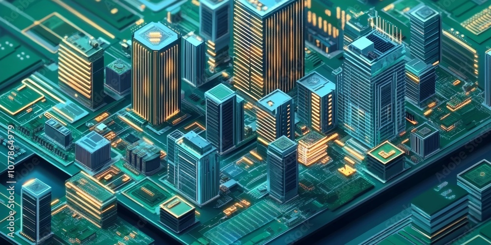 Isometric view of a smart city with microchips and electronic patterns illustrating smart city management using IoT technologies Isometric view of a smart city with microchips and electronic patterns illustrating smart city management using IoT technologies