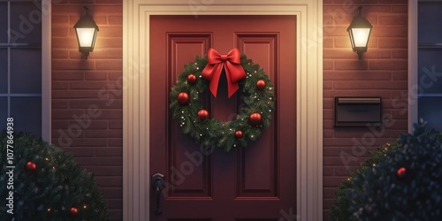 Christmas wreath hanging on a door with a red ribbon and festive decorations in a suburban neighborhood