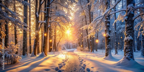 Golden Hour Enchantment A Path Through a Snowy Winter Forest Illuminated by the Warm Glow of the Setting Sun