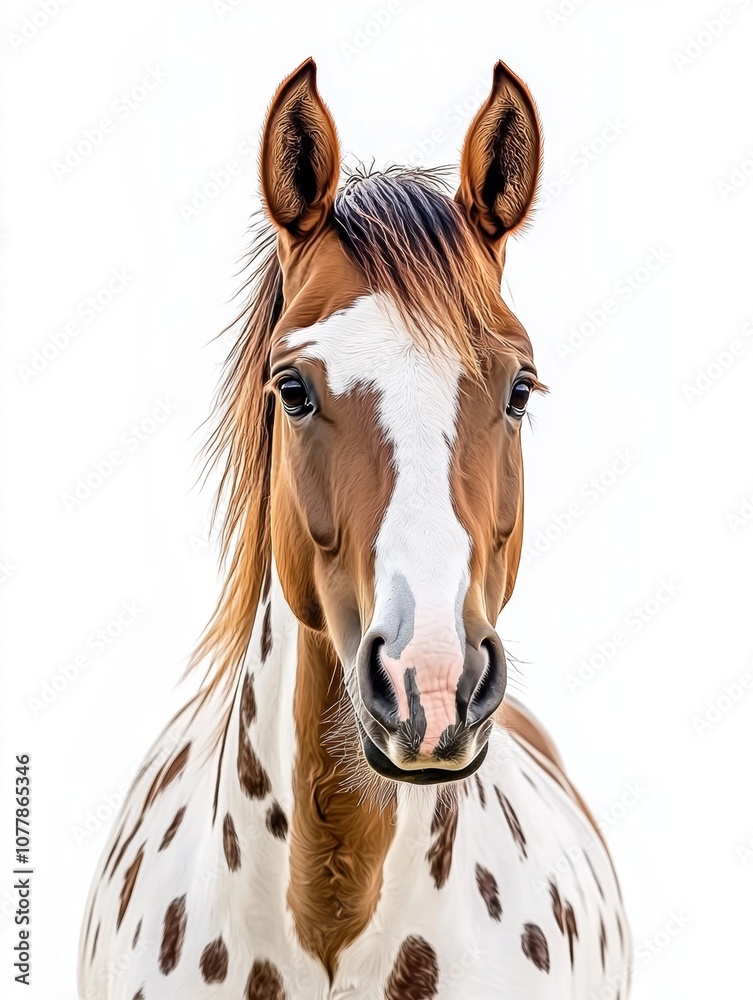 Obraz premium photographic portrait of an appaloosa horse looking directly at camera on white background