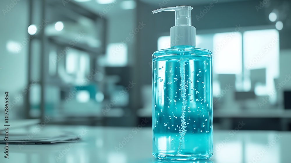 Hand Sanitizer Bottle with Bubbles in Laboratory Hand Sanitizer Bottle with Bubbles in Laboratory