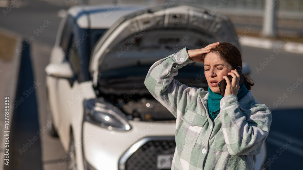 Caucasian woman calls on the phone and asks for help while standing near a car with an open hood. Caucasian woman calls on the phone and asks for help while standing near a car with an open hood.