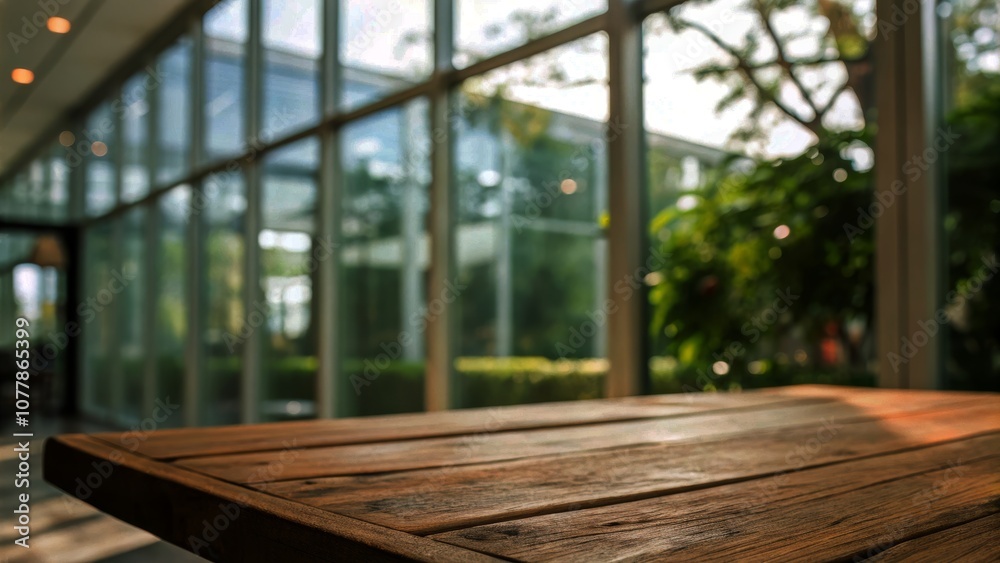 Wooden Table Top with Blurry Glass Window for Elegant Product Display and Design Visuals Perfect for Marketing, E-commerce, and Interior Design Projects