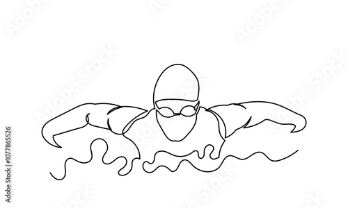Continuous line drawing of young muscular man Swimmer performing butterfly stroke.line art swimmer athlete concept vector illustration isolated on a white background.
