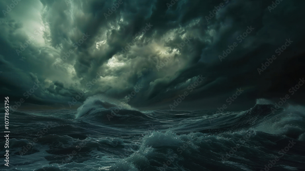 A dramatic cloudy sky with thick, dark clouds moving in, creating an intense, atmospheric scene over the ocean A dramatic cloudy sky with thick, dark clouds moving in, creating an intense, atmospheric scene over the ocean