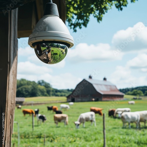 Security Camera Reflecting Rural Farm Scene with Cows and Barn