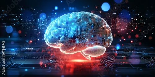 Big data and artificial intelligence concept. Human brain glowing from processor, symbolizing the fusion of human intelligence and machine learning capabilities. Evolution of technology of data.