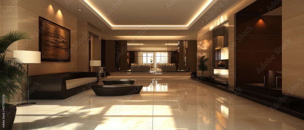 Modern and spacious interior design of a hotel lobby with a large sofa, a plant, and a picture hanging on the wall. Modern and spacious interior design of a hotel lobby with a large sofa, a plant, and a picture hanging on the wall.