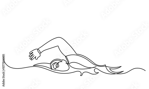 Continuous line drawing of young muscular man Swimmer performing butterfly stroke.line art swimmer athlete concept vector illustration isolated on a white background.