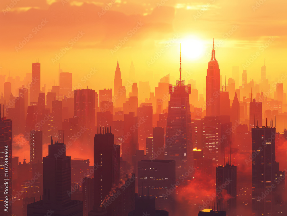 A dramatic sunrise over an urban skyline, the warm light creating long shadows on the city's architecture. A dramatic sunrise over an urban skyline, the warm light creating long shadows on the city's architecture.
