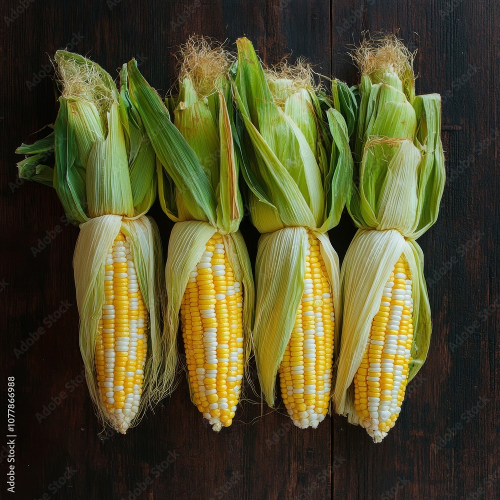 Four Ears of Corn with Husks on a Dark Wooden Surface Four Ears of Corn with Husks on a Dark Wooden Surface