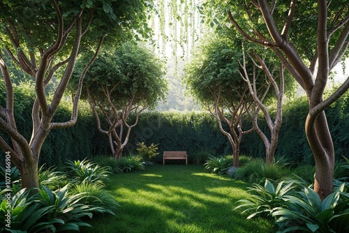 3D Render of Lush Garden Branches and Greenery Under Dappled Light Canopy