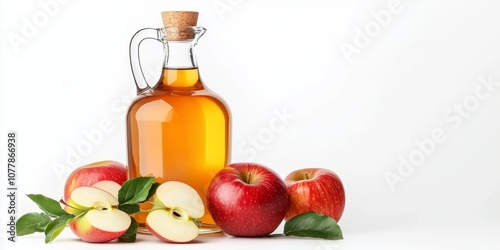 Glass bottle of apple vinegar with fresh apples isolated on a white background 