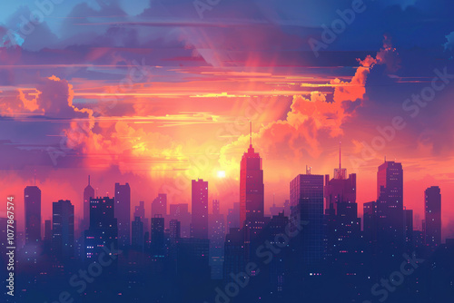 A dramatic sunset over a modern city skyline, with the skyscrapers silhouetted against the glowing sky.