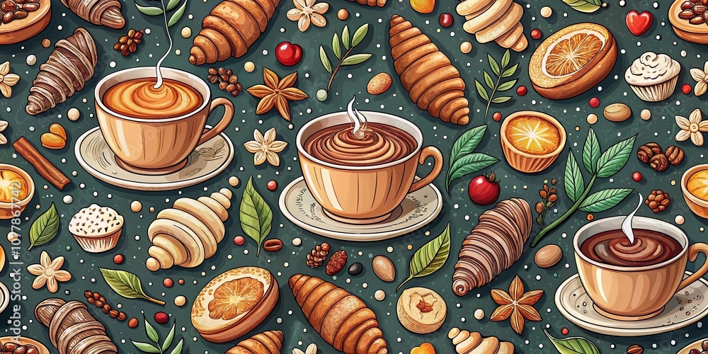 A whimsical pattern of steaming cups of coffee, sweet pastries, and vibrant citrus fruits, all nestled amidst delicate foliage and warm spices. A whimsical pattern of steaming cups of coffee, sweet pastries, and vibrant citrus fruits, all nestled amidst delicate foliage and warm spices.