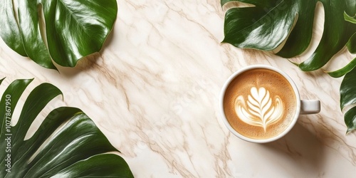 Wallpaper Mural Aesthetic top view of a hot coffee cup on a flat lay marble background, complemented by lush tropical leaves placed elegantly on the side, creating a serene and stylish composition. Torontodigital.ca