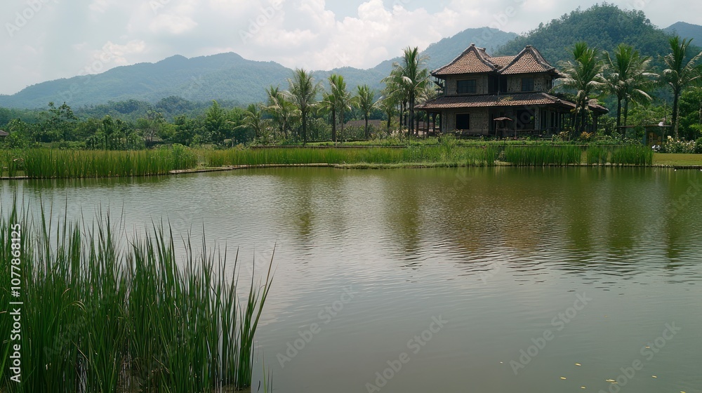 A serene landscape featuring a house by a pond surrounded by mountains and palm trees. A serene landscape featuring a house by a pond surrounded by mountains and palm trees.