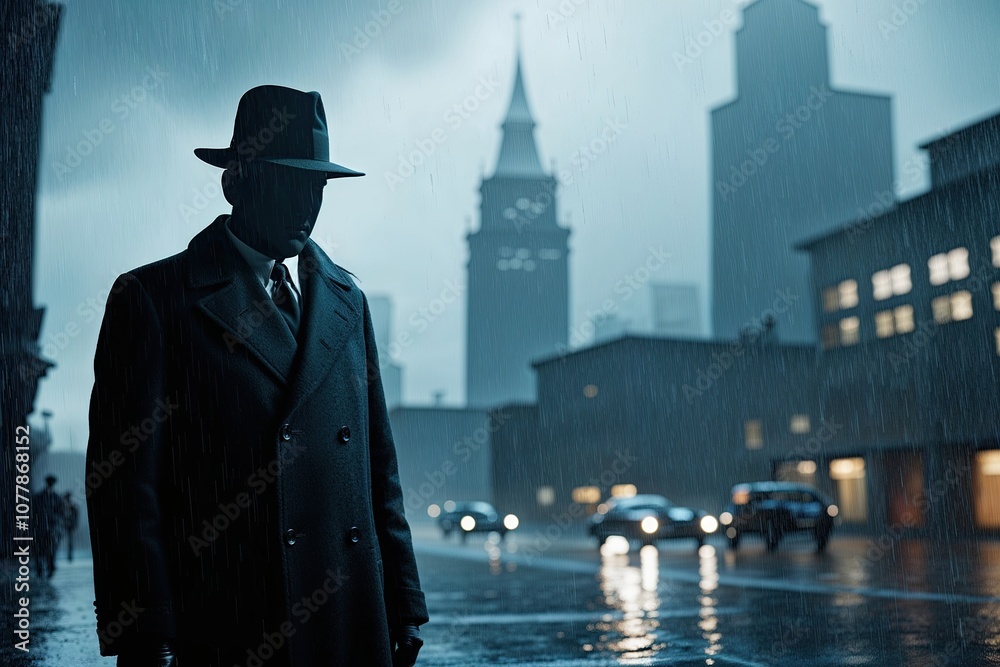 Noir Detective Figure in Rainy 1940s Urban Mystery Scene Noir Detective Figure in Rainy 1940s Urban Mystery Scene