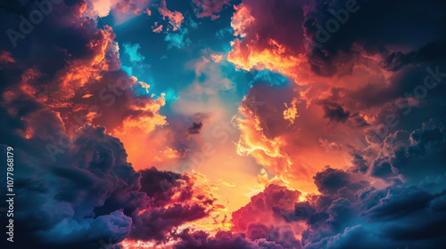 A dramatic sunset with fiery colors illuminating the clouds, creating a breathtaking and vibrant evening sky.