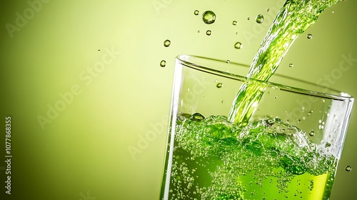 Pouring Green Juice into Glass with Bubbles