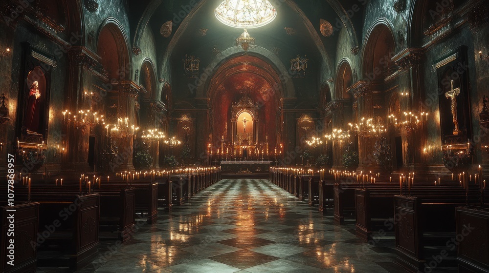 Dimly lit church interior with candles and religious artwork. Dimly lit church interior with candles and religious artwork.