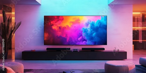 Modern room design with a large flat screen TV and a colorful image. Modern room. 