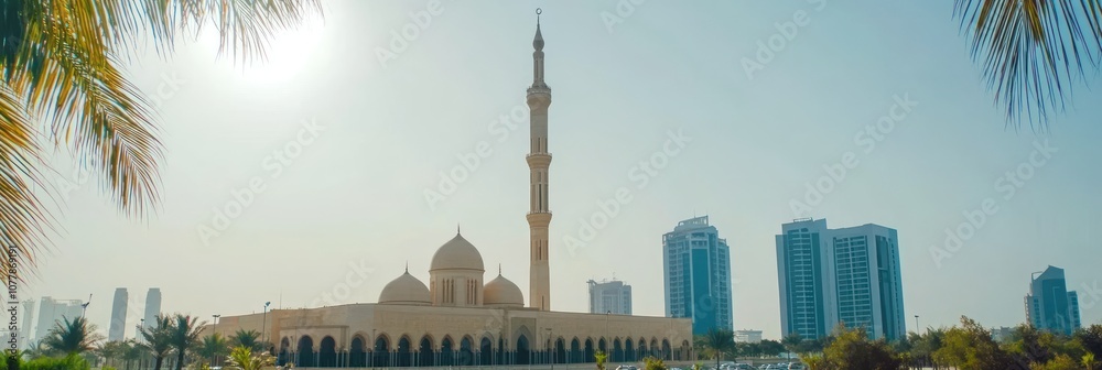 Fototapeta premium A mosque with a tall minaret surrounded by modern buildings and palm trees under sunlight.