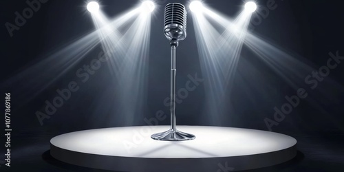 Realistic vector metallic microphone stands are positioned on an empty round white stage illuminated by white beams of spotlights isolated on a dark background This serves as a template