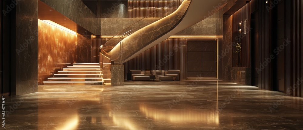 Modern interior design with a sweeping staircase and marble floors. Modern interior design with a sweeping staircase and marble floors.