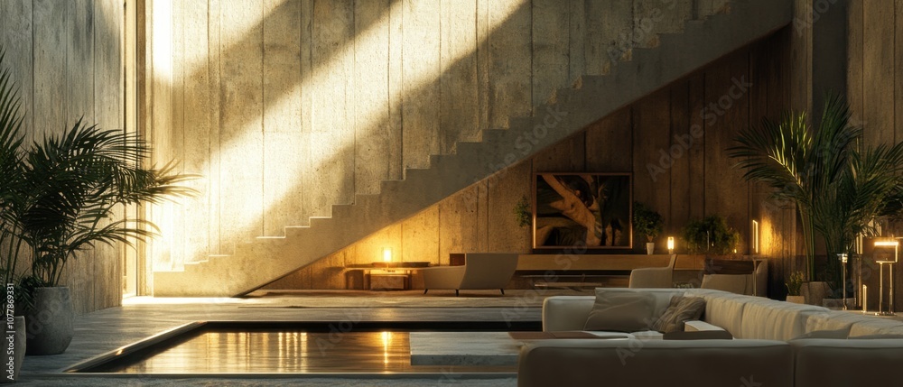 Fototapeta premium Modern interior design with concrete stairs, a pool, and plants.