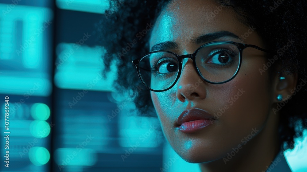 A focused individual with curly hair and glasses is intently observing data on a screen, illuminated by a cool blue light. A focused individual with curly hair and glasses is intently observing data on a screen, illuminated by a cool blue light.