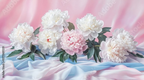 White and pink peonies beautifully arranged on a pink and blue background