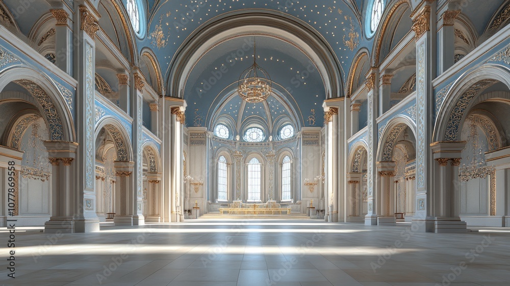 A grand interior of a spacious, ornate hall with arches and decorative ceilings. A grand interior of a spacious, ornate hall with arches and decorative ceilings.