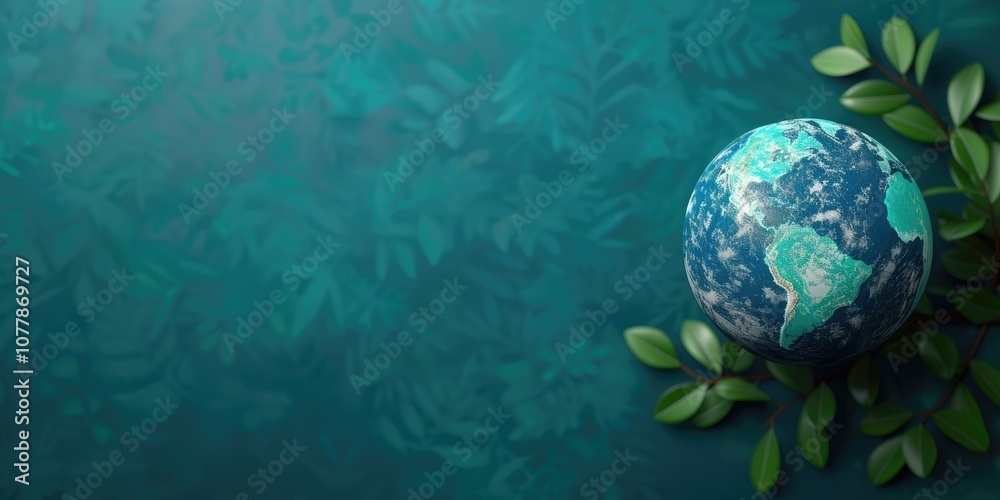 A decorative globe rests on a textured teal background, surrounded by green leaves, symbolizing nature and global awareness. A decorative globe rests on a textured teal background, surrounded by green leaves, symbolizing nature and global awareness.