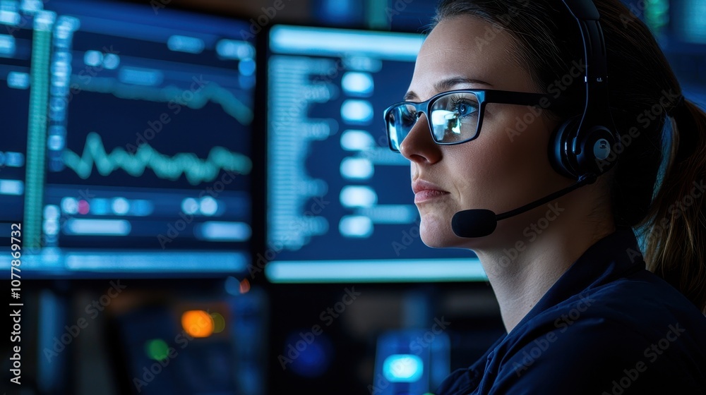 A focused professional in a headset monitors complex data on multiple screens in a high-tech environment.