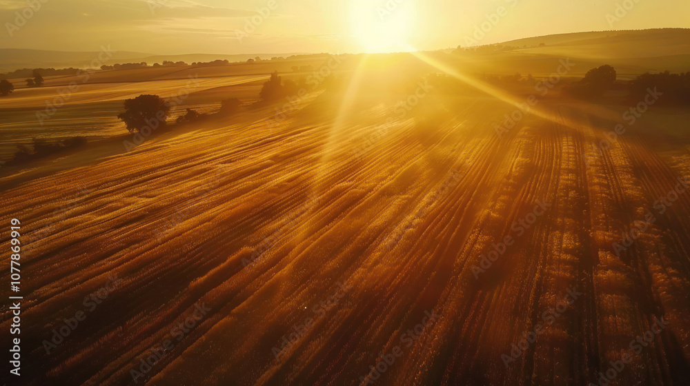 A golden sunrise over a wide expanse of fields, the soft light creating long shadows and illuminating the crops. A golden sunrise over a wide expanse of fields, the soft light creating long shadows and illuminating the crops.