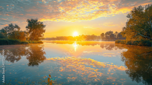 A golden sunrise reflected perfectly on the still surface of a lake, creating a serene and mirror-like scene.