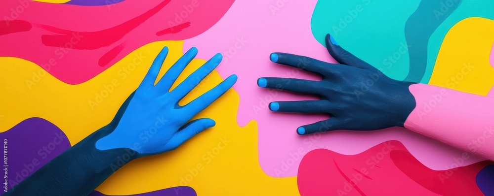 Fototapeta premium Two hands, one blue and one pink, rest on a vibrant, colorful background with abstract shapes.
