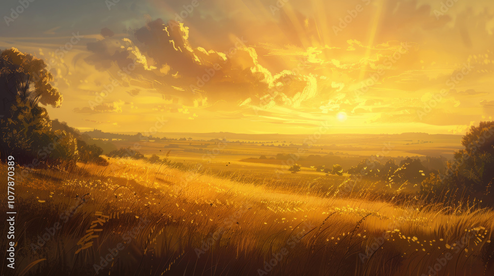 A golden sunset casting long shadows over wide, open fields, filling the sky with warm light and creating a peaceful scene. A golden sunset casting long shadows over wide, open fields, filling the sky with warm light and creating a peaceful scene.