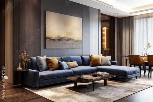 Modern living room interior with blue sectional sofa, wooden coffee table, and abstract artwork on the wall. photo