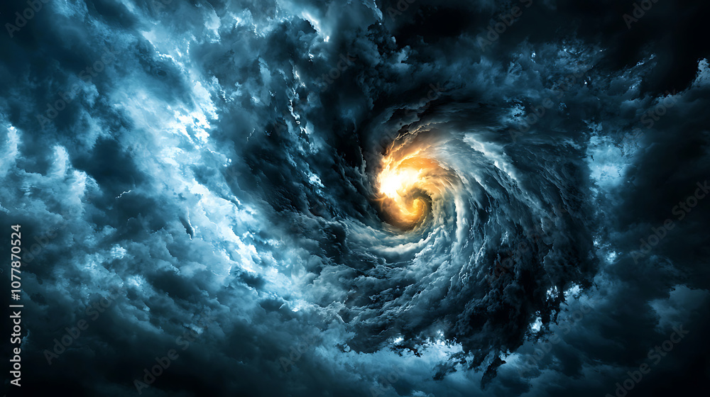 Fototapeta premium swirling vortex of dark clouds with bright light at center creates dramatic and intense atmosphere. contrast between stormy sky and radiant light evokes sense of awe and mystery