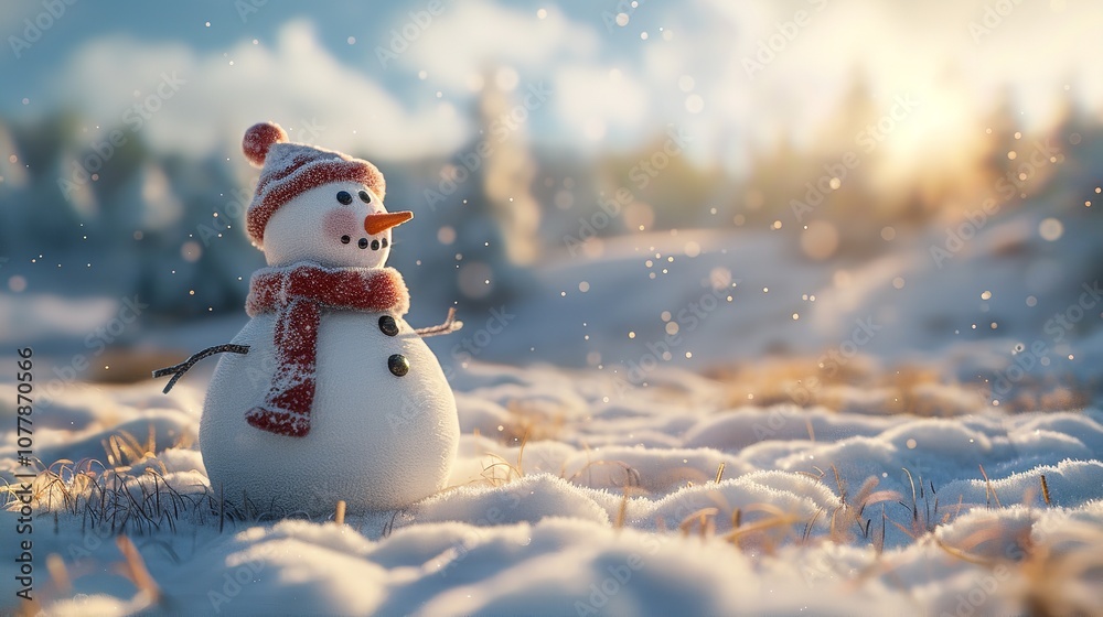 Fototapeta premium Tiny Cute Snowman Standing on Snowy Field in Winter Christmas Scene