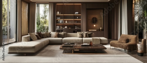 Modern living room with a large sectional sofa, a coffee table, and a armchair.