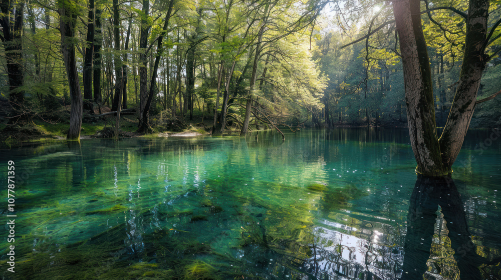A hidden forest lake with crystal-clear water, the surrounding trees casting long shadows over the calm surface A hidden forest lake with crystal-clear water, the surrounding trees casting long shadows over the calm surface