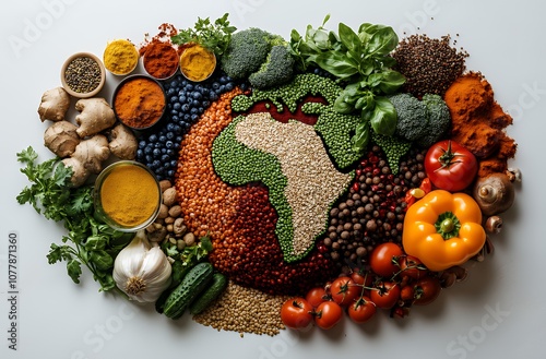 A world map made of various food items, such as rice, lentils, spices, vegetables, fruits, and herbs, on a white background.