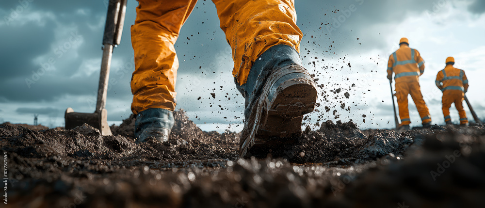 Construction workers in action, wearing safety gear, digging in a muddy terrain under a cloudy sky. Construction workers in action, wearing safety gear, digging in a muddy terrain under a cloudy sky.