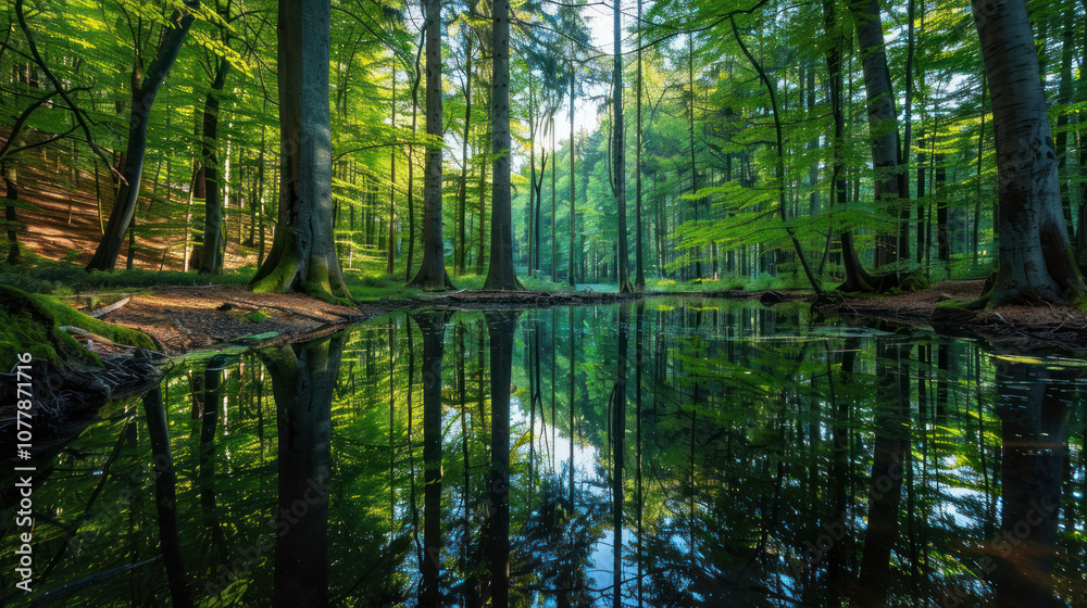 Fototapeta premium A hidden lake deep within a dense forest, the water calm and reflecting the towering trees that surround it