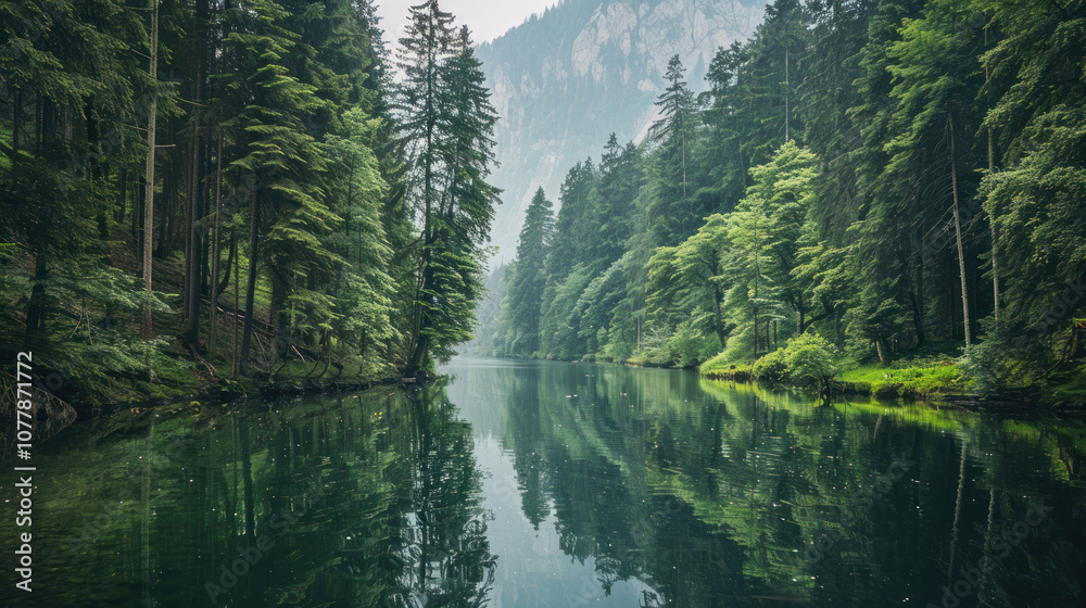 A hidden lake deep within a dense forest, the water calm and reflecting the towering trees that surround it A hidden lake deep within a dense forest, the water calm and reflecting the towering trees that surround it